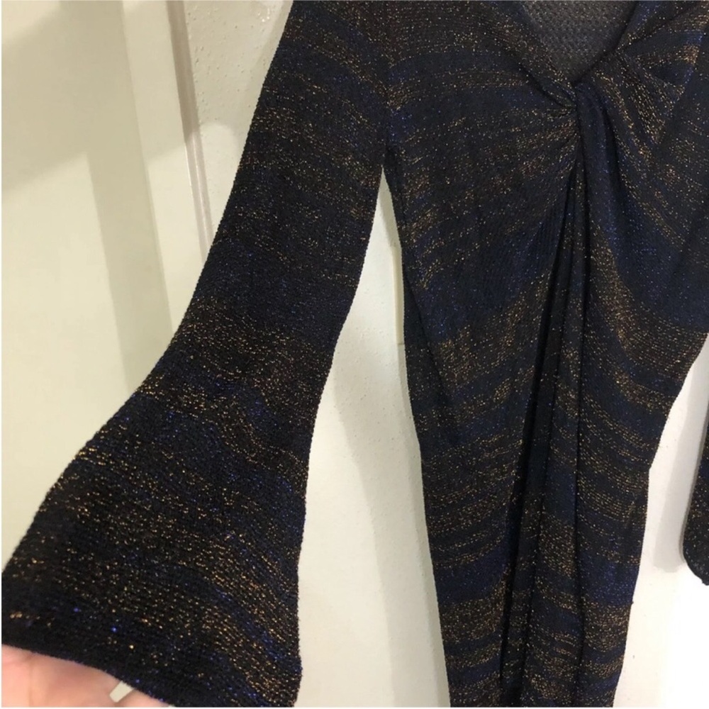 Zara Women Metallic Thread Knit Midi Dress S Black Blue Front Knots Bell sleeve - Picture 5 of 13